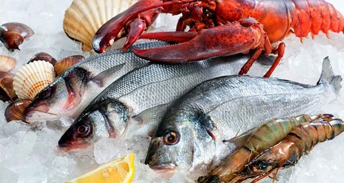 Fresh seafood including fish, shrimp and shellfish on ice