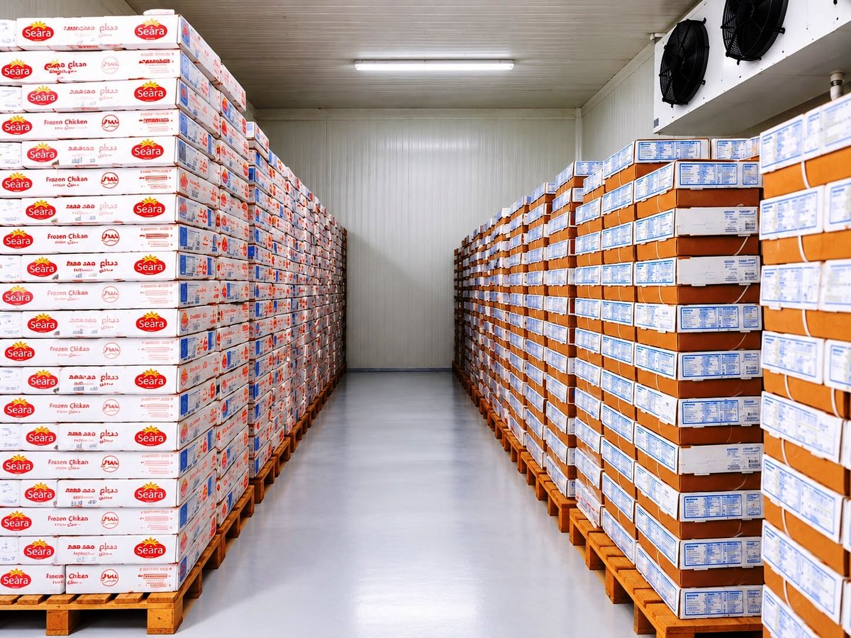 Palletised cartons of packaged Seara chicken products stacked in Fresco's temperature-controlled cold storage facility