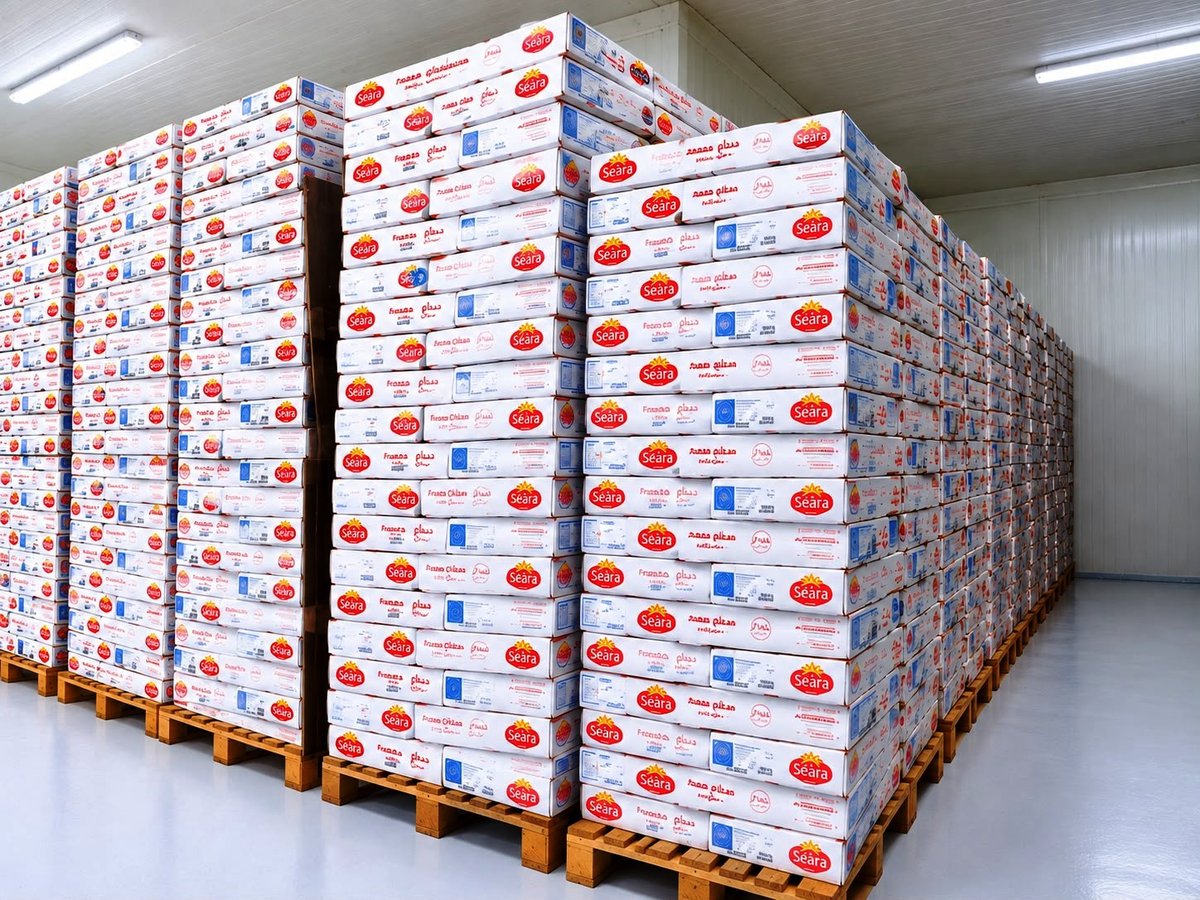 Pallets of stacked Seara chicken product cartons in a Fresco cold storage warehouse